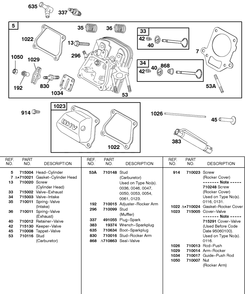 Cylinder Head, Valves Diagram and Parts List for 115432-0135-XX  Briggs and Stratton Engine